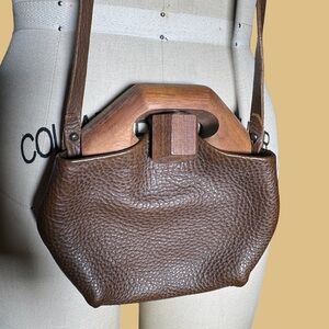 Chic Brown Leather Shoulder Bag with Wooden Handle